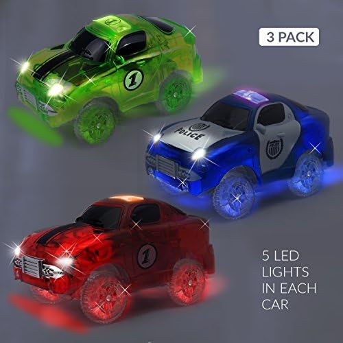 [3-pack] Race Car Track Set w/ 5 LED Lights | Independent &amp; Track Play | Replacement GREEN + POLICE + RED Toy Racing light-up Cars | Track Accessories