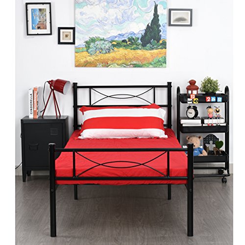 Simlife Metal Bed Frame Twin Size 6 Legs Two Headboards Mattress Foundation Steel Platform Bed for Kids Box Spring Replacement Black