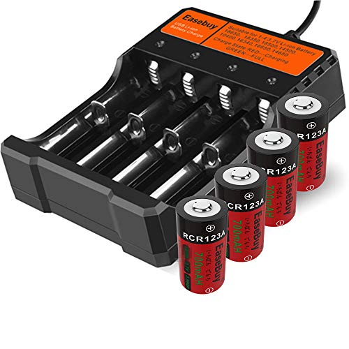 EaseBuy 4 Pack CR123A Rechargeable Batteries 3.7V 700mAH RCR123A Lithium ion Camera Batteries with Charger Compatible Arlo Cameras, Led Flashlight, Security System
