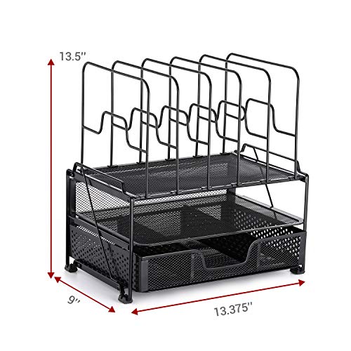 Simple Trending 2-Tray Mesh Desk File Organizer with Drawer Organizer and 6 Removable File Sorter, Office Document Letter Tray Folder Holder for Desk Organizers and Accessories, Black