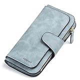 RFID Blocking Mattee Leather Wallet for Women Clutch Purse Bifold Long Designer Ladies Checkbook Multi Credit Card Holder Organizer with Coin Zipper Pocket Light Blue