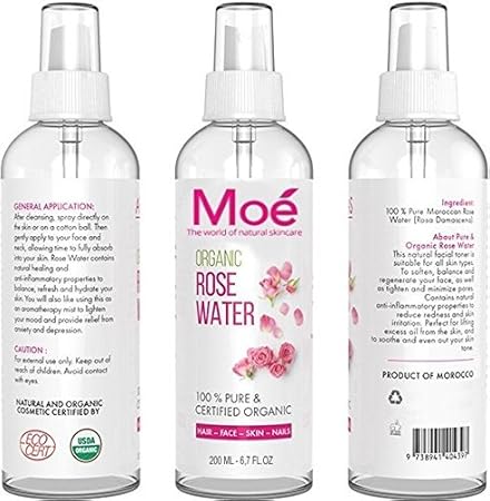 Moé - 200ml Bio Rosenwasser, 100% Reines Naturprodukt ohne Alkohol und Konservierungsstoffe. Rose Water Organic Vegan Moe