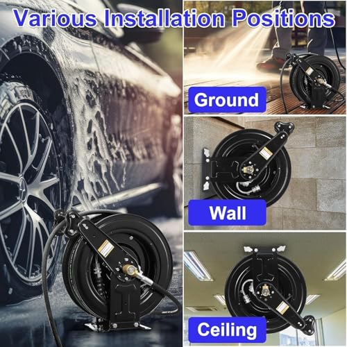 Pressure Washer Hose Reel Auto Shrink Hose Reel Heavy Duty Steel Pressure Washer Hose 20m Double Arm Reel 4000PSI