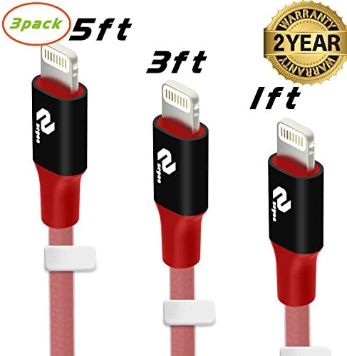 Zeyaa Reversible Lightning Data Sync and Charger USB Cable for Apple Products – Carmine, 3-Pack (1-Feet, 3-Feet, 5-Feet)