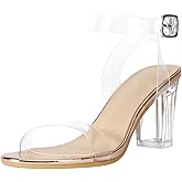 ZriEy Women's Clear Heels Chunky Block Mid High Heeled Sandals Open Toe Transparent Ankle Strap Dress Pump Shoes for Women in Daily Wear Party Wedding