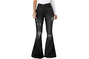 vunahzma Women's Bell Bottom Jeans Elastic Waist Ripped Flared Jeans Denim Bell Bottom Plus Size Pants