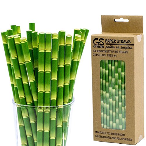 CTIGERS Bamboo Print Biodegradable Drinking Paper Straws for Party Box of 100