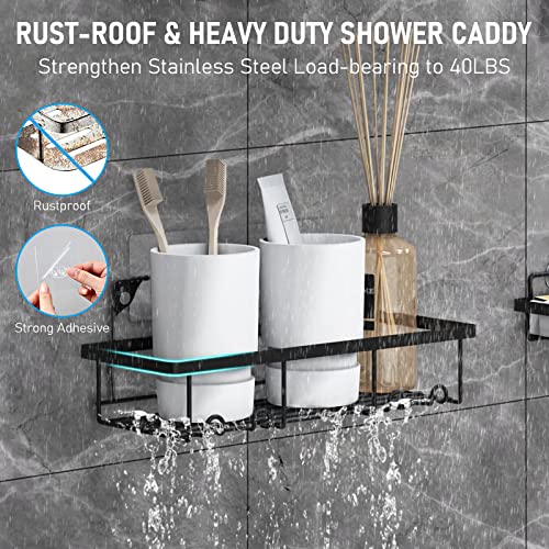 Shower Bathroom Caddy, 2 Packs Shower Shelf Organizer Wall Mounted - Adhesive Shower Racks with Soap Holder Tower Bar for Bath, Kitchen, Toilet - Stainless Steel No Drilling - Black