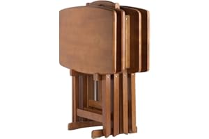 Pemberly Row 24" W x 12" D Transitional Oversized Solid Wood Snack Table Set with Storage Stand, Curved Sides, Rounded Corners, X-Frame Bases, No Assembly Required, in Brown Finish (Set of 5)