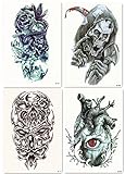 DaLin 4 Sheets Temporary Tattoos for Men Women, Skull Clock, Evil Eye