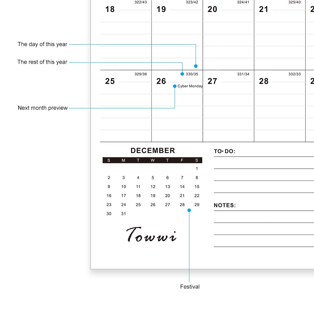 TOWWI Monthly Wall Calendar, November 2018-February 2020 Desk Calendar, 12” x 17” Wirebound Calendar for School Home Office (12x17)