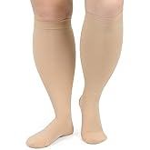 AKSO MEDICOS Plus Size Compression Socks, 20-30 mmHg Compression Socks for Women & Men, Wide Calf Knee High Stocks for Circulation Support Varicose Veins Swelling Edema,Beige L