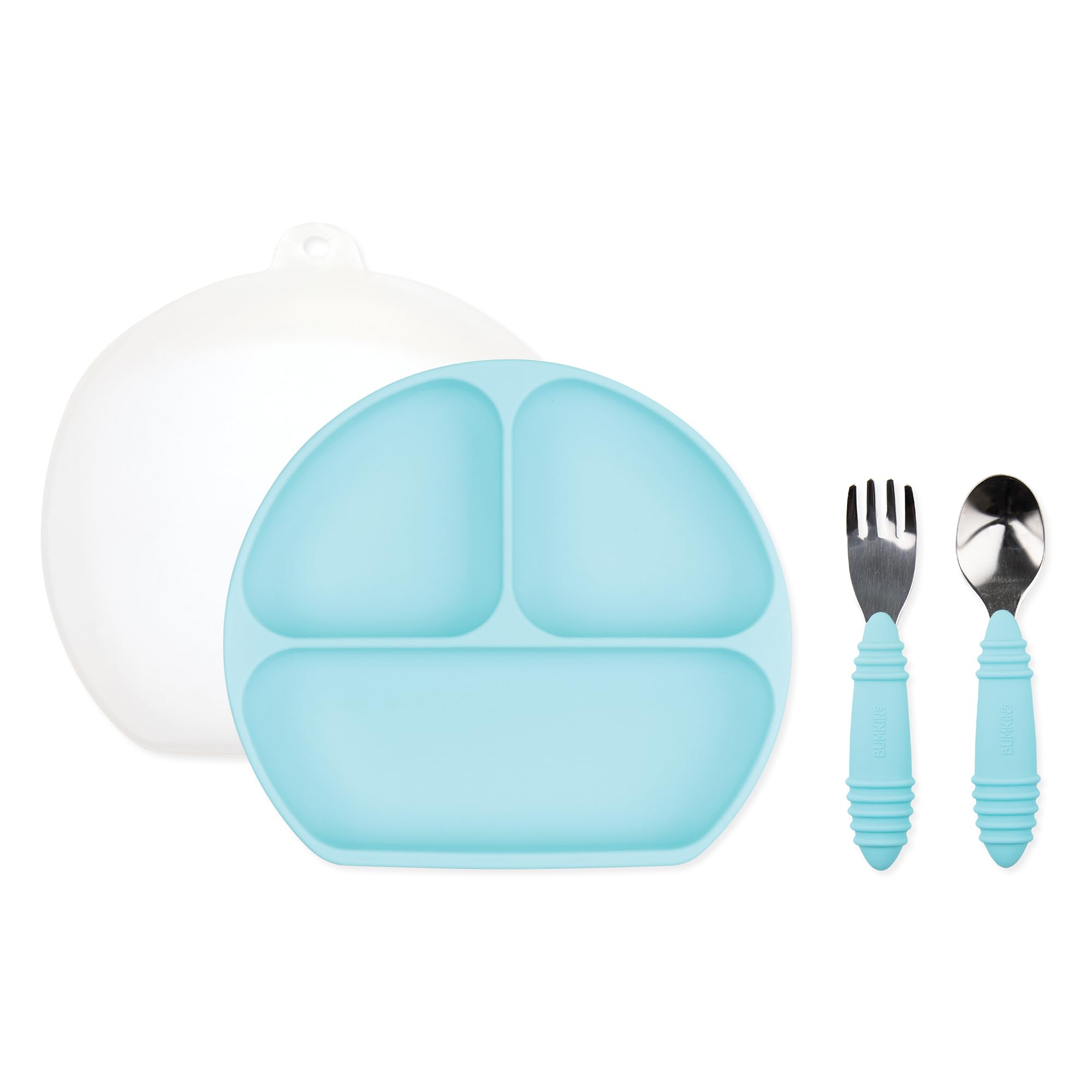 Bumkins - Silicone Grip Dish 3-Section, Fork & Spoon & Lid - For Ages 18 Months+ - Suction Base - 100% Food-Safe Silicone - Oven, Microwave, Freezer, & Dishwasher Safe - Blue Image