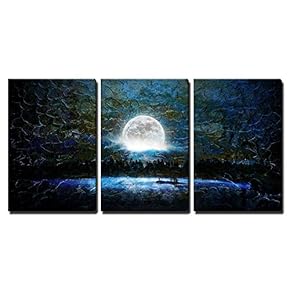 3 Piece Canvas Wall Art - Glowing Full Moon Over a Blue Background with Brush Strokes - Modern Home Art Stretched and Framed Ready to Hang - 16"x24"x3 Panels