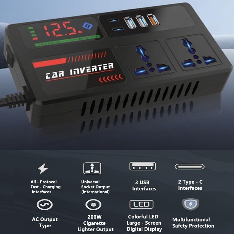 200W Car Power Inverter, DC 12/24V to 220V AC Converter with 3 USB 2 Type-C Ports, LED Screen Display, Switch Control for Cars SUV Truck