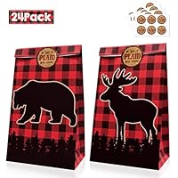 Levfla 24 Pcs Lumberjack Candy Goodie Treat Bags Buffalo Plaid Kids Birthday Winter Baby Shower Camping Bears Deers Party Favor Ideas Supplies