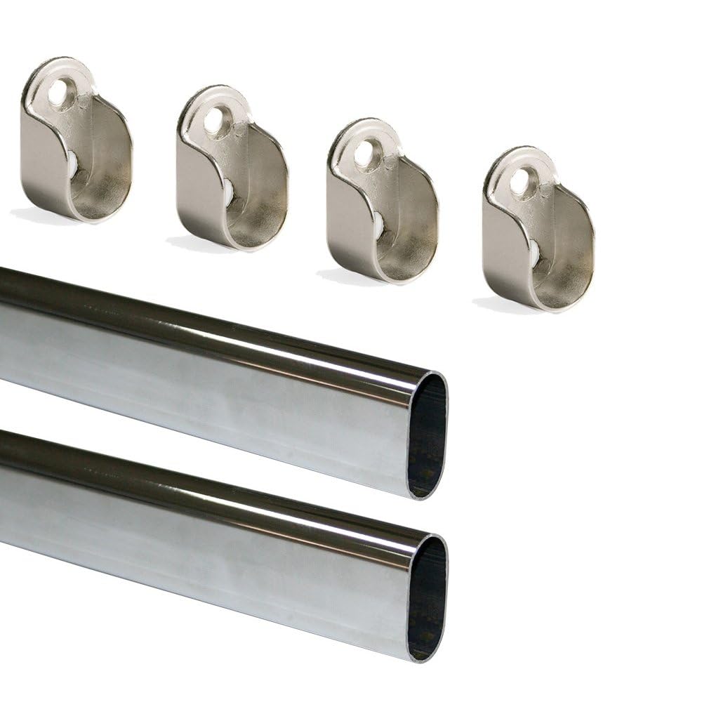 Emuca Wardrobe Oval Hanging Rail Kit with End Supports, 950mm, Chromed, Aluminium and Zamak, Pack of 2