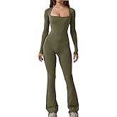 QINSEN Jumpsuits for Women Square Neck Wide Leg Full Length Romper Playsuit