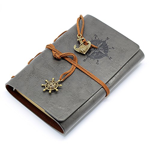 Leather Writing Journal Notebook, EvZ 5 Inches Vintage Nautical Spiral Blank String Diary Notepad Sketchbook Travel to Write in, Unlined Paper, Retro Pendants, Classic Embossed, Grey - Thumbnail 2