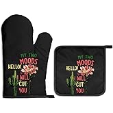 Gkodw My Two Moods Oven Mitts and Pot Holders Sets, Funny Floral Kitchen Oven Mitts for Men Women, Hostess Gifts for Mom Dad Wife Baker, Baking Gifts for Chef, Housewarming Present for Baker
