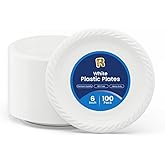 R-kay 100 Pack 6 Inch White Plastic Plates Disposable - Heavy Duty White Disposable Plates - Microwavable Disposable Plastic Plates (6 Inch, 100, Count)