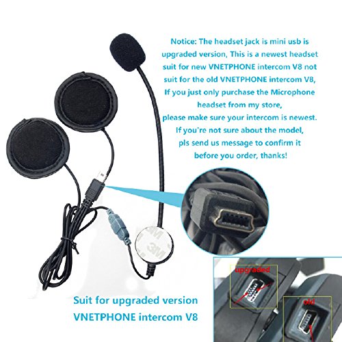 QSPORTPEAK Motorcycle Intercom Headsets, VNETPHONE BTI Microphone Headphone Headset Accessory for V8 with 10Pin Mini USB Connector Motorcycle Helmet Bluetooth Interphone Intercom