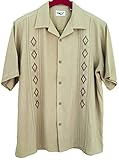 Mens Silk Camp Shirt Khaki Tan Button Front Embroidered