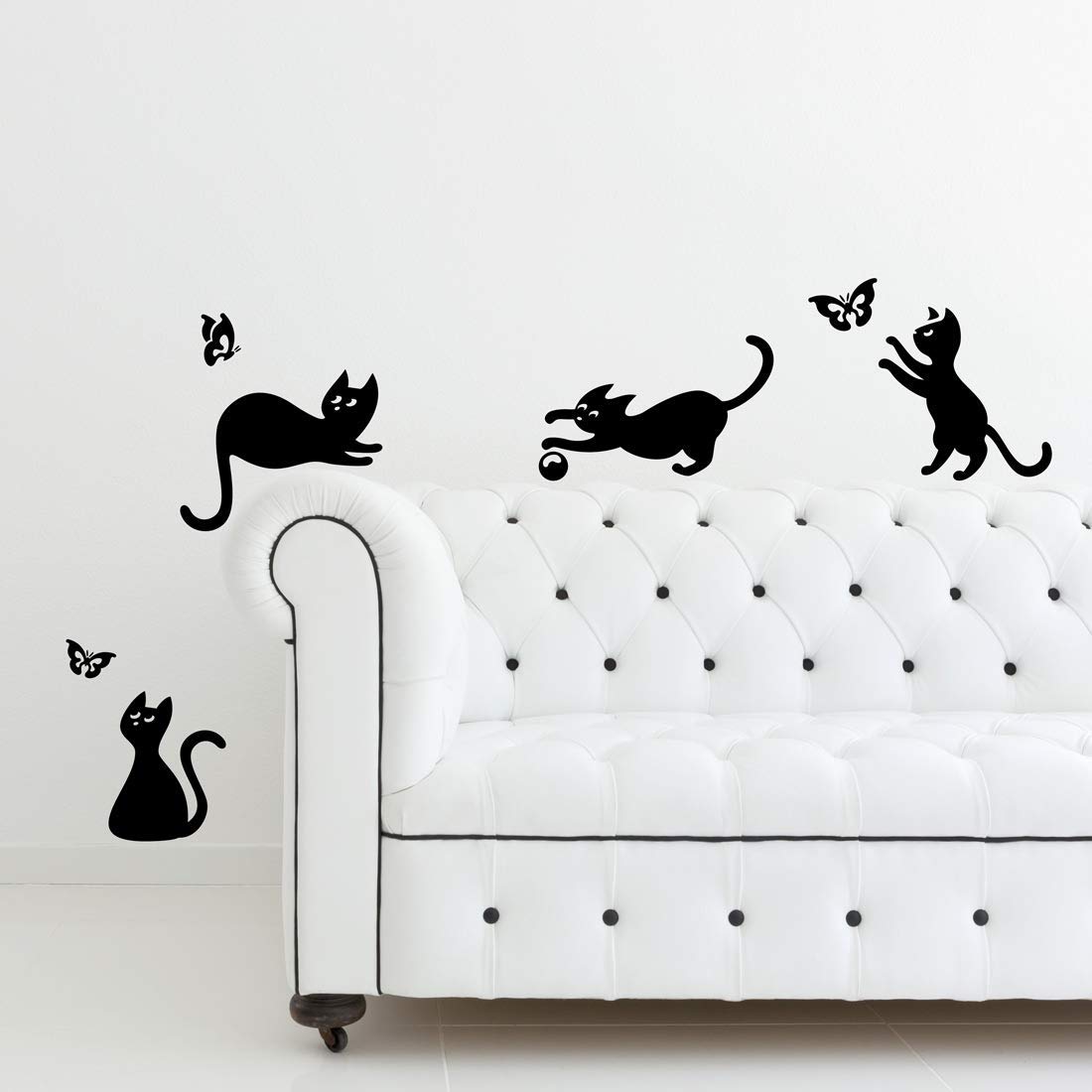 Cats Jumping Playing Catching Butterflies Home Vinyl Wall Sticker Decor Decal Mural Kitchen Pets Wallpaper Decoration Kids Room Wall Art Graphic self-Adhesive Removable