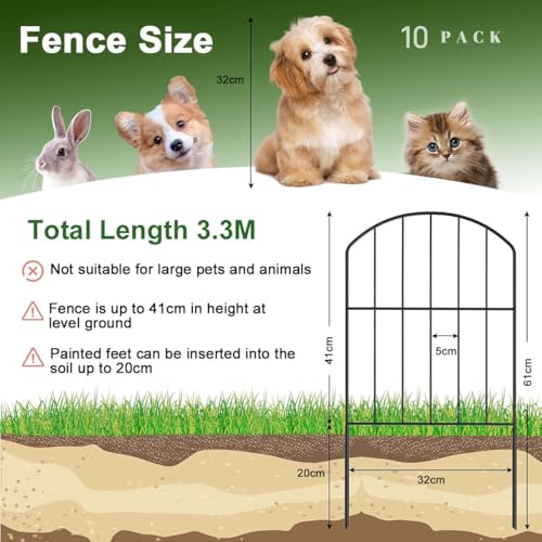 Decorative Garden Fence 10Pcs Metal Wire Fencing Border, Rustproof Arched Flower Plant Edging Border Durable Animal Barrier Dog Rabbit Pet Section Panel Fence for Landscape Patio Yard Decor, 60*330cm