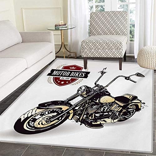 Motorcycle Door Mat Indoors Chopper Customized Motorcycle Club Insignia Motor Bikes Hippie Classic Customize Bath Mat Non Slip Backing 48"x71" Black Beige