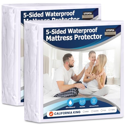 Utopia Bedding Waterproof 5-Sided Mattress Protector California King Size, Premium Breathable Mattress Cover, Fitted Style with Stretchable Pockets (White - Pack of 2)