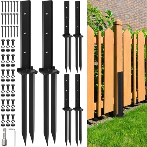 6 PCS Fence Post Repair Kit, Thickened Fence Post Repair Stakes for 4x4/6x6 Wood Posts, Heavy Duty Steel Fence Post Anchor Stabilizer for Fixing Tilted/Broken Wooden Fence Post Support