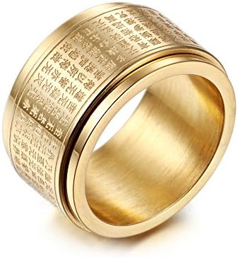 Molike Jewelry 12mm Titanium Steel Vintage Chinese Heart Sutra Engraved Buddhist Rings for Men (gold (titanium-steel), 8)