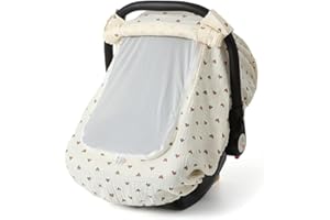 GENERIC Muslin Cotton Baby Car Seat Cover for Boys and Girls, Summer Baby Car Seat Covers Infant Car Seat Canopy with Breathable Mesh Window Windproof Carseat Cover for Babies (Cream)