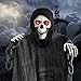 Motion Activated Animated Halloween Decorative Props- 5 Foot Laughter and Glowing Hanging Grim Reaper with Shackles Chains - Light Up Eyes and Ghostly Laughter
