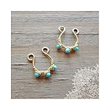 Fake Nipple Rings Set of 2 Non Pierced Body Jewelry Turquoise Solid Gold Brass Wire Hammered Nipple Jewelry