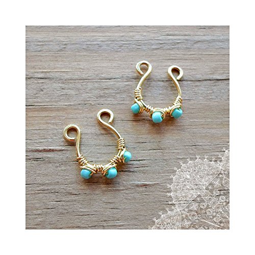 Fake Nipple Rings Set of 2 Non Pierced Body Jewelry Turquoise Solid Gold Brass Wire Hammered Nipple Jewelry