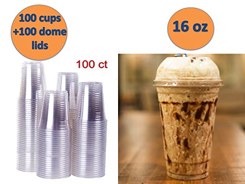 SENARR Premium Heavy Duty Disposable Plastic Party Cups Crystal Clear Cold Beverage Drinks Clear PET Plastic Cups Iced Coffee Tea Juices Smoothies (16 oz with Dome lid | 100 Pack, Clear)