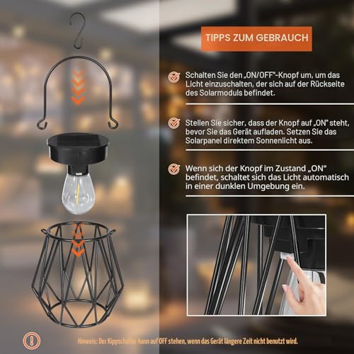 Ketom Pack of 2 Solar Lights for Outdoor Hanging Solar Lantern for Outdoor Standing Metal IP65 Waterproof Solar Pendant Lamp Outdoor Vintage with LED Bulb and Hook, Diamond, Black, for Outdoor Lawn