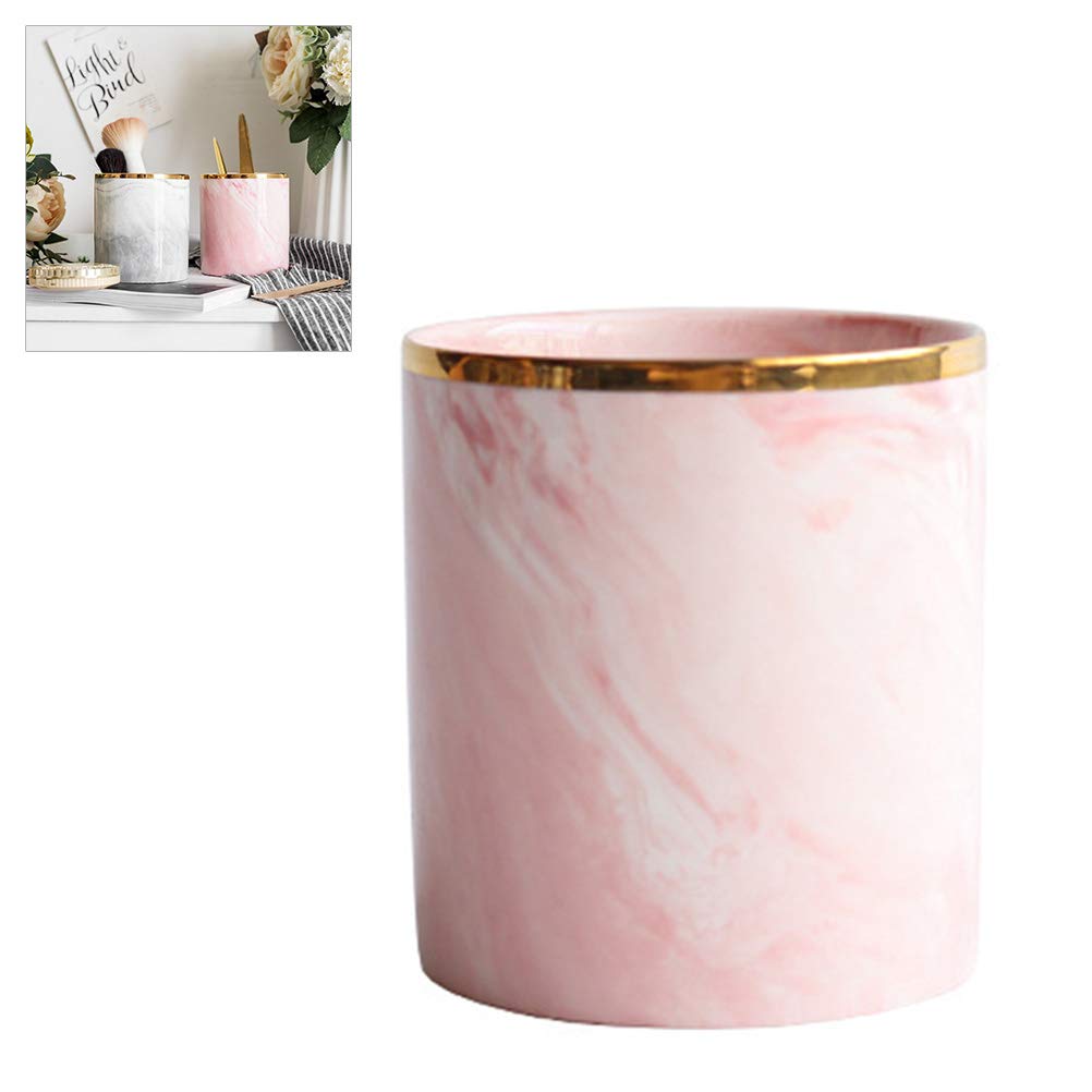 Kikier Ceramic Desk Pen Holder Stand Marble Pattern Pencil Cup Pot Desk Organizer Makeup Brush Holder (Pink)