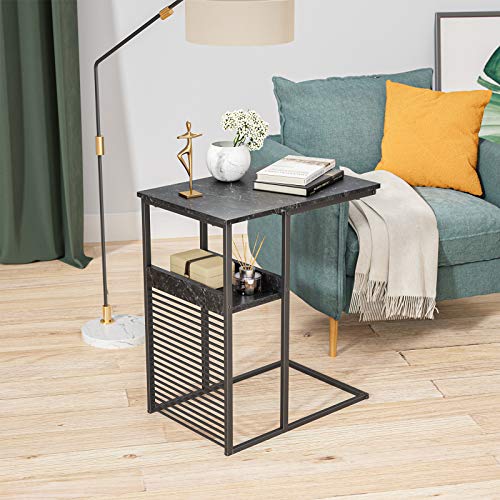 Cubiker Sofa Side End Table, Side Table with Wooden Shelf, C Shaped