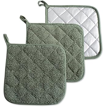 DII 100% Cotton, Terry Pot Holder Set Machine Washable, Heat Resistant, 7 x 7, Artichoke Green, 3 Piece