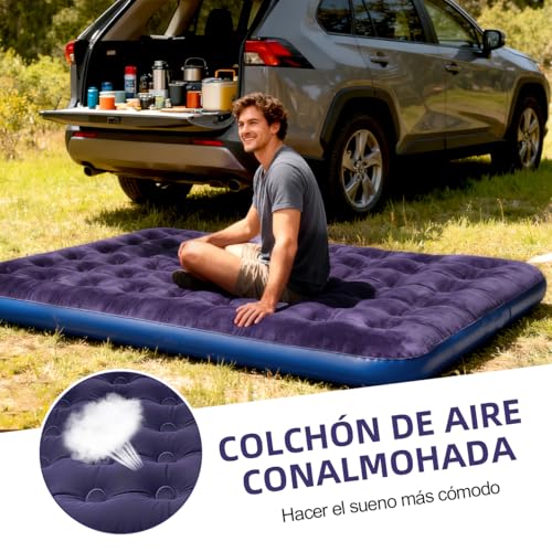 JZZB Colchon Inflables Matrimonial,79.92 * 59.84 * 9.84 Pulgadas Colchon Inflable Queen Size con 3 Almohadas y Bomba Dual Enchufe Auto Bolsa de Viaje,Cama de Aire para Viajes Camping Hogar (Azul)