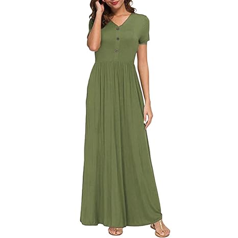 XuxMim Frauen V-Ausschnitt Lässige Taschen Kurzarm bodenlangen Kleid lose Partykleid