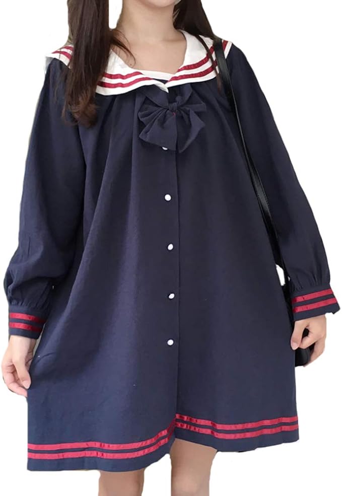 Amazon モリマート Morimart レディース ワンピース セーラー襟 長袖 春秋 ワンピ 膝丈 リボン カジュアル かわいい ゆったり 学生 切り替え 紺 ワンピース チュニック 通販