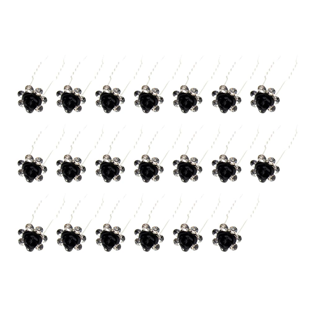 JIHUOO 20 Pcs Black Rose Hair Pins Crystal Rhinestone Hair Clips Vintage Flower Bobby Pins Wedding Bridal Hair Accessories for Women Girls