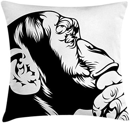 JIEKEIO Gorilla Throw Pillow Cushion Cover, Monochrome Illustration of a Smart Monkey Thinking Pose Genius Leader King, Decorative Square Accent Pillow Case, 18 X 18 Inches, Black and White