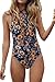 Viottis Women's Floral Print Lace-up V-Neck Pad One-Piece Swimsuit Monokini