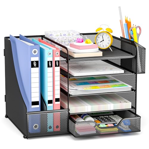 Apritsce Desk Organizer, Desk File Holder, 5 Trays Office Document Holder with Drawer and Pen Holder, Multifunctional Stationery Organizer for Office Stationery Home