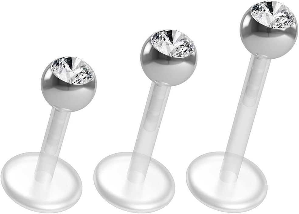 16g Bioplast Labret Studs Crystal CZ Gem Flexible Bioflex Push-in Piercing Jewelry (6mm 8mm 10mm)